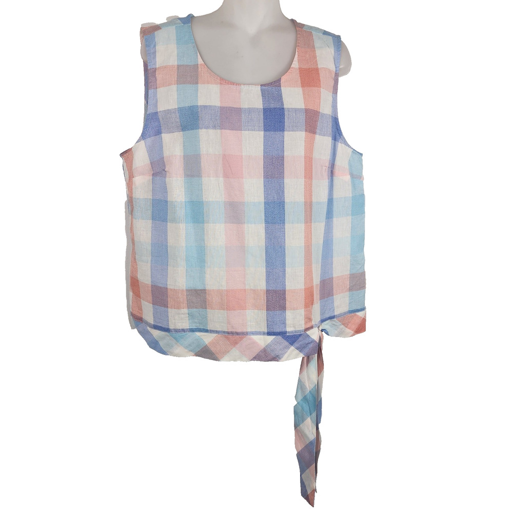 J Crew Womens Gingham Side Tie Shell Size 14 Blue Pink Sleeveless Linen Blend